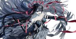 Rule 34 | 1girl, absurdres, akemi homura, akuma homura, bare shoulders, black dress, black gloves, black hair, breasts, chinese commentary, cleavage, collarbone, colored skin, commentary request, diyu chun airen, dress, elbow gloves, evil smile, feather trim, floating hair, from above, gloves, hair between eyes, hair ribbon, highres, holding, holding ribbon, limited palette, long hair, looking ahead, mahou shoujo madoka magica, mahou shoujo madoka magica: hangyaku no monogatari, open mouth, outstretched arm, outstretched hand, purple eyes, red ribbon, ribbon, simple background, sketch, smile, solo, straight hair, strapless, strapless dress, upper body, white background, white skin