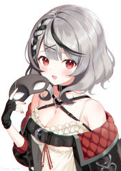 Rule 34 | 1girl, :d, black collar, black hair, black jacket, breasts, cleavage, collar, commentary request, fingerless gloves, gloves, hair ornament, highres, holding, holding mask, hololive, jacket, looking at viewer, mask, multicolored hair, open mouth, red eyes, sakamata chloe, segawa luna, shirt, short hair, silver hair, simple background, smile, solo, streaked hair, unworn mask, upper body, virtual youtuber, white background, white shirt, x hair ornament