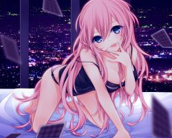 Rule 34 | 1girl, :p, all fours, blue eyes, breasts, card, cityscape, cleavage, long hair, megurine luka, night, panties, pink hair, shiro mayu, smile, solo, tongue, tongue out, underwear, vocaloid