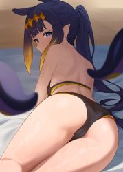 Rule 34 | 1girl, ass, back, beach towel, bikini, black bikini, black hair, blue eyes, from behind, highres, hololive, hololive english, long hair, looking at viewer, looking back, ninomae ina&#039;nis, pointy ears, ponytail, s.w, solo, swimsuit, tentacle hair, tentacles, towel, virtual youtuber, wet