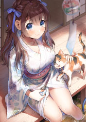 Rule 34 | 1girl, animal hands, bare legs, blue eyes, braid, breasts, brown hair, bucket, cat, cleavage, closed mouth, clothes lift, collarbone, commentary request, feet out of frame, floral print, geshumaro, hair ribbon, highres, japanese clothes, kimono, kimono lift, knees together feet apart, lifted by self, long hair, looking at viewer, medium breasts, mole, mole under mouth, original, paw print, petting, print kimono, ribbon, sitting, sliding doors, smile, tatami, thighs, veranda, water, wind chime, wooden floor, yukata, yukata lift