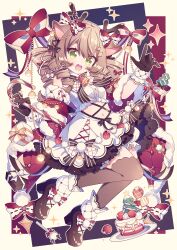 Rule 34 | 1girl, antlers, bow, bowtie, box, brown hair, cake, christmas, curly hair, floating, food, gift, gloves, high heels, horns, hyou (pixiv3677917), navel, original, plate, reindeer antlers, star (symbol), thighhighs, winter clothes, yellow eyes