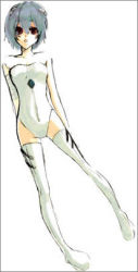 Rule 34 | 1girl, adapted costume, ayanami rei, bandaged arm, bandages, bare shoulders, blue hair, boots, border, breasts, covered navel, dutch angle, full body, grey hair, hair between eyes, headgear, interface headset, leotard, looking at viewer, lowres, neon genesis evangelion, oekaki, parted lips, plugsuit, red eyes, red hair, short hair, simple background, small breasts, solo, strapless, strapless leotard, swimsuit, thigh boots, thighhighs, white background, white thighhighs