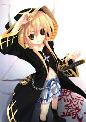 Rule 34 | 1girl, absurdres, blonde hair, bloomers, bontenmaru (oda nobuna no yabou), boots, cross, eyepatch, fang, frills, from above, highres, hood, horns, jewelry, katana, looking at viewer, midriff, miyama-zero, navel, necklace, oda nobuna no yabou, official art, ribbon, smile, solo, sword, translation request, underwear, weapon, yellow eyes