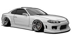 Rule 34 | car, from side, glint, highres, kaizou-sha no illust bot, motor vehicle, nissan, nissan s15 silvia, nissan silvia, no humans, original, shadow, solo, stance (vehicle), vehicle focus, white background, white car