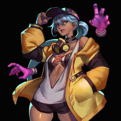 Rule 34 | 1girl, breasts, choker, cleavage, commentary, disembodied hand, earrings, green eyes, hair between eyes, hat, isla (kof), jacket, jewelry, long hair, looking at viewer, mask, mask around neck, medium breasts, multicolored hair, navel, phamoz, ponytail, simple background, smile, solo, the king of fighters, the king of fighters xv, upper body