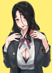 Rule 34 | 1girl, black bra, black hair, blush, bra, breasts, hair over one eye, highres, huge breasts, jacket, jewelry, lipstick, long sleeves, looking at viewer, makeup, open clothes, open jacket, original, ring, sasamori tomoe, school uniform, shirt, simple background, solo, underwear, upper body, white shirt, yellow background