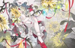 Rule 34 | 1girl, absurdres, blonde hair, crossed arms, crystal, flandre scarlet, flower, frills, grey background, hair between eyes, hat, hat ribbon, highres, huge filesize, kyusoukyu, leaf, light, looking at viewer, mob cap, multicolored wings, one side up, puffy short sleeves, puffy sleeves, red eyes, red footwear, red ribbon, red skirt, red vest, ribbon, shadow, shirt, shoes, short hair, short sleeves, sitting, skirt, socks, solo, sunflower, touhou, vest, white hat, white shirt, white socks, wings, wrist cuffs, yellow flower