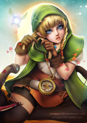 Rule 34 | 1girl, adjusting hair, belt, blonde hair, blue eyes, boots, bow (weapon), braid, capelet, compass, crossbow, eyeshadow, fairy, gem, gloves, green capelet, hood, hyrule warriors, leather, leather gloves, linkle, lips, long hair, makeup, navi, nintendo, nose, petals, pointy ears, puffy short sleeves, puffy sleeves, short sleeves, shorts, shorts under skirt, sina (scrappy), single braid, sitting, skirt, solo, the legend of zelda, thigh boots, thighhighs, watermark, weapon, web address, zettai ryouiki