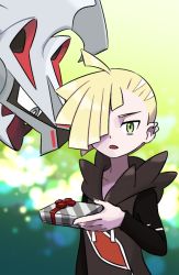 Rule 34 | 1boy, blonde hair, box, commentary request, creatures (company), game freak, gen 7 pokemon, gift, gift box, gladion (pokemon), green eyes, hair over one eye, legendary pokemon, long sleeves, nintendo, parted lips, pokemon, pokemon (creature), pokemon sm, short hair, silvally, torn clothes, ukata, upper body