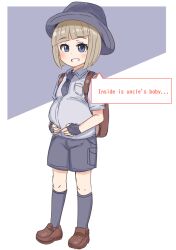 Rule 34 | 1girl, backpack, bag, blonde hair, blue eyes, blue tie, blush stickers, creatures (company), english text, female focus, fingerless gloves, full body, game freak, gloves, grin, hands on own stomach, hat, holding belly, juliana (pokemon), looking at viewer, nintendo, pokemon, pokemon sv, pregnant, pregnant loli, school uniform, shirt, shoes, short hair, short pants, smile, socks, solo, speech bubble, standing, urayamacat
