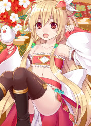 Rule 34 | 1girl, :d, ass, bird, black thighhighs, brown eyes, chicken, collarbone, commentary request, detached sleeves, flat chest, granblue fantasy, head wings, light brown hair, long hair, looking at viewer, mahira (granblue fantasy), navel, open mouth, smile, solo, thighhighs, tukino neru, wings