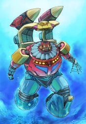Rule 34 | armor, blue armor, bubble, getter poseidon, getter robo, getter robo g, highres, joints, mecha, missile, multicolored armor, net, no humans, red armor, robot, robot joints, science fiction, super robot, turbine, underwater, yamanushi, yellow armor, yellow eyes, yellow light