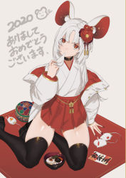 Rule 34 | 1girl, animal ears, black thighhighs, bowl, chinese zodiac, flower, food, hair flower, hair ornament, highres, japanese clothes, kaoruko (unkrk55), miko, mochi, mouse (animal), mouse ears, nengajou, new year, original, red eyes, sitting, solo, thighhighs, white hair, year of the rat, zettai ryouiki