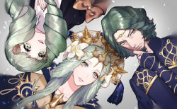 Rule 34 | 1boy, 2girls, beard, bow, brother and sister, closed mouth, crown, facial hair, fire emblem, fire emblem: three houses, flayn (fire emblem), flower, green eyes, green hair, hair flower, hair ornament, long hair, long sleeves, matching hair/eyes, multiple girls, nakapipo, nintendo, open mouth, parted lips, rhea (fire emblem), seteth (fire emblem), short hair, siblings, tiara, upper body, upside-down