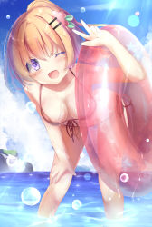 Rule 34 | 1girl, ;d, arm up, bare arms, bare shoulders, bikini, blush, breasts, brown bikini, brown hair, cleavage, commentary request, day, front-tie bikini top, front-tie top, gochuumon wa usagi desu ka?, hair between eyes, hair ornament, hairclip, halterneck, highres, horizon, hoto cocoa, innertube, leaning forward, looking at viewer, medium breasts, natuna natu, one eye closed, open mouth, outdoors, ponytail, purple eyes, side-tie bikini bottom, smile, solo, standing, star (symbol), star print, swim ring, swimsuit, transparent, w, wading, water