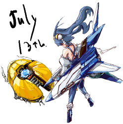 Rule 34 | 1girl, antenna hair, aoba anoa, armor, armored boots, bare shoulders, blue hair, blue thighhighs, boots, detached collar, floating hair, from side, glowing, gradius, july13th, konami, long hair, machinery, mecha musume, orb, otomedius, pelvic curtain, red eyes, simple background, solo, spacecraft, thighhighs, vic viper, white background, wind
