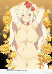 Rule 34 | 1girl, armpits, arms behind head, arms up, bare shoulders, bikini, blonde hair, blush, breasts, choker, cleavage, cowboy shot, elbow gloves, flower, gloves, groin, hair between eyes, hair flower, hair ornament, hair ribbon, headdress, highres, lace, lace gloves, large breasts, leo (senran kagura), long hair, looking at viewer, navel, official art, parted lips, purple eyes, red flower, red rose, ribbon, rose, senran kagura, senran kagura new wave, smile, solo, star ring bottom, stomach, swimsuit, thigh gap, very long hair, yaegashi nan, yellow bikini, yellow flower, yellow ribbon, yellow rose, yellow theme