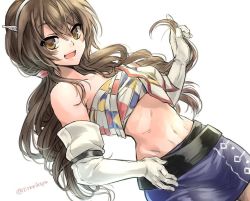Rule 34 | 10s, 1girl, alternate hairstyle, ashigara (kancolle), brown eyes, brown hair, curly hair, elbow gloves, fangs, gloves, hairband, hand on own hip, jpeg artifacts, kantai collection, long hair, looking at viewer, midriff, miniskirt, navel, noguruma, one-hour drawing challenge, open mouth, simple background, skirt, solo, twitter username, white gloves