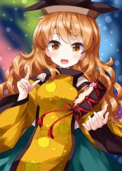 Rule 34 | 1girl, :d, blush, breasts, dress, drum, hand up, hat, instrument, long hair, looking at viewer, matara okina, md5 mismatch, multicolored background, open mouth, orange dress, orange hair, pointing, resolution mismatch, ruu (tksymkw), smile, solo, source larger, tabard, touhou, tsuzumi, wide sleeves