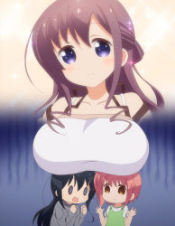 Rule 34 | 10s, 3girls, absurdres, blue eyes, blush, breasts, brown hair, hannen hiroe, highres, ichinose hana, kyouzuka shion, large breasts, multiple girls, slow start, smile, stitched, third-party edit