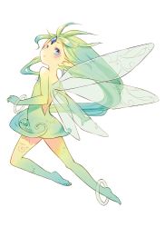 Rule 34 | 1girl, backless dress, backless outfit, bare legs, bare shoulders, barefoot, blue eyes, bracelet, closed mouth, dress, facial mark, fairy, fairy wings, forehead mark, green dress, green hair, jewelry, kuga tsukasa, long hair, looking at viewer, looking back, multiple wings, original, pointy ears, short dress, simple background, solo, white background, wings