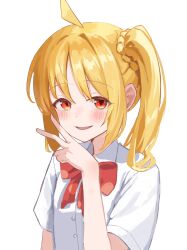 Rule 34 | 1girl, ahoge, blonde hair, blush, bocchi the rock!, commentary request, hand up, highres, ijichi nijika, long hair, looking at viewer, neck ribbon, open mouth, red eyes, red ribbon, ribbon, school uniform, shirt, short sleeves, side ponytail, simple background, smile, solo, spell phd, upper body, v, white background, white shirt