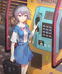 Rule 34 | 1girl, absurdres, ayanami rei, blouse, blue dress, breasts, character name, closed mouth, collar, collarbone, collared shirt, dress, english text, highres, holding, holding phone, holding suitcase, kuhnowushi, looking at viewer, medium breasts, neck ribbon, neckwear request, neon genesis evangelion, outdoors, phone, phone booth, red eyes, red ribbon, ribbon, school uniform, shirt, short hair, short sleeves, silver hair, smile, solo, standing, suitcase, tokyo-3 middle school uniform, uniform, white shirt