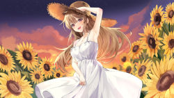 Rule 34 | 1girl, :d, absurdres, arm up, armpits, blush, breasts, brown hair, brown hat, commentary, cowboy shot, dress, english commentary, field, floating hair, flower, flower field, hair between eyes, hat, highres, large breasts, lillly, long hair, looking at viewer, open mouth, original, outdoors, red eyes, sky, sleeveless, sleeveless dress, smile, solo, standing, straw hat, sun hat, sundress, sunflower, sunflower field, teeth, upper teeth only, very long hair, white dress, yellow flower
