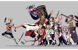Rule 34 | 5girls, absurdly long hair, achilles (fate), arms up, axe, beard, blonde hair, breasts, brown hair, cannon, cape, elizabeth bathory (brave) (fate), elizabeth bathory (fate), eric bloodaxe (fate), euryale (fate), euryale (third ascension) (fate), facial hair, fate/grand order, fate (series), fionn mac cumhaill (fate/grand order), green hair, grey background, grin, halo, hat, helmet, highres, imigimuru, large breasts, long hair, long sideburns, medusa (fate), medusa (rider) (fate), medusa (rider) (third ascension) (fate), mephistopheles (fate), multiple girls, napoleon bonaparte (fate), nero claudius (bride) (fate), nero claudius (bride) (second ascension) (fate), nero claudius (fate), nero claudius (fate) (all), over shoulder, pink hair, polearm, purple hair, romulus (fate), running, sideburns, slime (creature), smile, sparkle, spear, stheno (fate), stheno (third ascension) (fate), sword, very long hair, weapon, weapon over shoulder