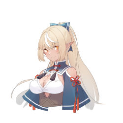 Rule 34 | 1girl, bare shoulders, blonde hair, blush, bow, breasts, chinese clothes, cleavage, cleavage cutout, closed mouth, clothing cutout, dark-skinned female, dark skin, elf, hair bow, hair ornament, highres, hololive, long hair, medium breasts, orange eyes, pointy ears, ponytail, shiranui flare, shiranui flare (old design), shoulder cutout, smile, solo, upper body, virtual youtuber, zjm530280188