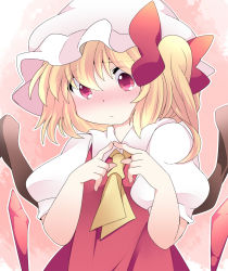 Rule 34 | 1girl, ascot, bad id, bad pixiv id, blonde hair, blush, female focus, fidgeting, flandre scarlet, hammer (sunset beach), hat, index fingers together, red eyes, short hair, side ponytail, solo, touhou, upper body, wings