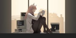 Rule 34 | 1girl, absurdres, animal ear fluff, animal ears, black pantyhose, black shirt, closed mouth, coffee cup, coffee maker, computer, cup, disposable cup, from side, girls&#039; frontline, girls&#039; frontline neural cloud, highres, holding, holding cup, long hair, looking down, no shoes, pantyhose, persica (girls&#039; frontline), persicaria (neural cloud), pink hair, robe, salty eyes, shirt, simple background, sitting, solo, turtleneck, white robe
