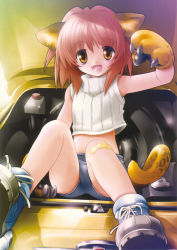 Rule 34 | 1girl, animal ears, animal hands, bandaid, bandaid on knee, bandaid on leg, bare arms, bare shoulders, blush, brown eyes, brown hair, car, car trunk, cat ears, cat tail, character request, child, facing viewer, fang, fangs, fiat, fiat 500, gloves, happy, highres, in trunk, looking at viewer, midriff, motor vehicle, oversized paw gloves, paw gloves, red hair, shoes, short hair, shorts, sitting, sleeveless, smile, sneakers, solo, spare tire, tail, tank top, vehicle, yellow eyes