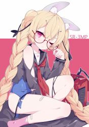 Rule 34 | 1girl, aka kan, animal ear fluff, animal ears, bag, bandaid, bandaid on leg, blonde hair, blue one-piece swimsuit, blush, braid, character name, closed mouth, eyelashes, girls&#039; frontline, glasses, highres, long hair, long sleeves, neckerchief, official alternate costume, one-piece swimsuit, one eye closed, pink eyes, pink legwear, rabbit, red neckerchief, sailor collar, school bag, school swimsuit, school uniform, serafuku, skirt, solo, sr-3mp (commando bunny) (girls&#039; frontline), sr-3mp (girls&#039; frontline), swimsuit, swimsuit under clothes, torn clothes, torn sleeves, twin braids, very long hair