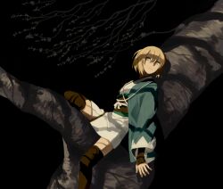 Rule 34 | 1girl, aqua jacket, arm guards, black background, black thighhighs, blonde hair, boots, brown footwear, closed mouth, double-parted bangs, fate/grand order, fate (series), feet out of frame, flower, hair between eyes, haori, in tree, jacket, japanese clothes, kimono, obi, okita souji (fate), okita souji (koha-ace), ooba, sash, shadow, shinsengumi, short kimono, short ponytail, sideways glance, sitting, sitting in tree, smile, solo, spread legs, thigh boots, thighhighs, tree, white flower, white kimono, yellow eyes