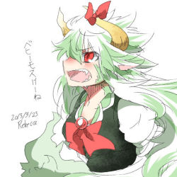 Rule 34 | 1girl, artist name, bad id, bad twitter id, dated, ex-keine, fang, female focus, green hair, horns, kamishirasawa keine, long hair, lowres, open mouth, rebecca (keinelove), red eyes, ribbon, touhou