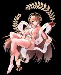 Rule 34 | 1girl, animated, armpits, black background, breasts, fiora (tenkafuma), floating, full body, gold accents, gold bracelet, gold choker, green eyes, harvest maiden fiora, jewelry, large breasts, legs together, light brown hair, long hair, looking at viewer, navel, nipples, official art, parted lips, simple background, tagme, tareme, tenkafuma, toe ring, video, white theme