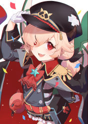 Rule 34 | 1girl, black hat, blush, collared shirt, hair between eyes, hat, high collar, highres, inori (princess connect!), inori (time travel) (princess connect!), looking at viewer, military, military uniform, open mouth, patch, princess connect!, red eyes, shimon (31426784), shirt, short hair, shorts, smile, solo, striped clothes, striped shorts, uniform, vertical-striped clothes, vertical-striped shorts, wings