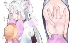 Rule 34 | 2girls, animal ears, beads, blue eyes, cheek squash, child, commentary, dress, grey hair, hair beads, hair ornament, hands on another&#039;s cheeks, hands on another&#039;s face, hat, highres, holding hands, japanese clothes, kimono, long hair, looking at another, microa, multiple girls, open mouth, pink dress, school hat, sidelocks, touhoku itako, translated, tsukuyomi ai, upper body, very long hair, voiceroid, white background, white kimono, wolf ears