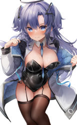 Rule 34 | 1girl, absurdres, between breasts, black garter straps, black leotard, blue archive, blue eyes, blue necktie, blush, breasts, brown thighhighs, closed mouth, cowboy shot, detached collar, garter straps, halo, hands up, highres, jacket, large breasts, leotard, long hair, long sleeves, looking at viewer, necktie, necktie between breasts, off shoulder, open clothes, open jacket, purple hair, shiranui (nisioisin sinob), shrug (clothing), simple background, solo, strapless, strapless leotard, thighhighs, thighs, two side up, white background, white jacket, yuuka (blue archive), zipper pull tab