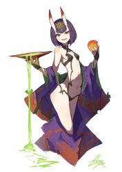 Rule 34 | 1girl, :d, bare shoulders, breasts, commentary request, cup, fate/grand order, fate (series), headpiece, highres, holding, horns, japanese clothes, kimono, lansane, long sleeves, looking at viewer, navel, off shoulder, oni, open mouth, pale skin, purple eyes, purple hair, purple kimono, revealing clothes, sakazuki, shuten douji (fate), signature, simple background, skin-covered horns, small breasts, smile, solo, standing, white background, wide sleeves