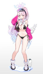 Rule 34 | 1girl, absurdres, angel wings, animal, ash (cat7evy), bikini, bird, black bikini, blue archive, blush, boots, breasts, cleavage, cosplay, eimi (blue archive), eimi (blue archive) (cosplay), eimi (swimsuit) (blue archive), feathered wings, full body, goggles, goggles on head, halo, highres, jacket, large breasts, long hair, long sleeves, looking at viewer, mika (blue archive), navel, official alternate costume, open clothes, open jacket, parted lips, penguin, pink hair, pink halo, pink jacket, sideboob, signature, solo, stomach, swimsuit, white footwear, white wings, wings, yellow eyes