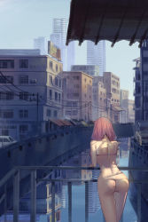 Rule 34 | 1girl, absurdres, against railing, ass, bottomless, bra, building, car, chinese commentary, cipozhong yundepeitela, city, commentary request, cowboy shot, exhibitionism, from behind, highres, long hair, motor vehicle, nude, original, outdoors, pink bra, pink hair, power lines, public indecency, pussy juice, railing, river, solo, underwear, utility pole