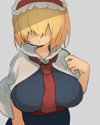 Rule 34 | 1girl, alice margatroid, blonde hair, blue dress, breasts, capelet, closed mouth, collared capelet, commentary request, cookie (touhou), cowboy shot, dress, expressionless, frilled hairband, frills, grey background, hair between eyes, hair over eyes, hairband, jigen (cookie), large breasts, looking at viewer, nahori (hotbeans), necktie, popped collar, red hairband, red necktie, red sash, sash, short hair, simple background, solo, touhou, white capelet