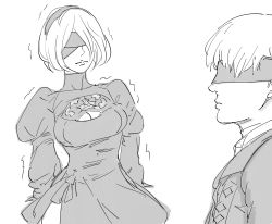 Rule 34 | 1boy, 1girl, bad id, bb (baalbuddy), blindfold, bob cut, cleavage cutout, clothing cutout, commentary, covered eyes, dress, english commentary, greyscale, highres, inactive account, jacket, juliet sleeves, long sleeves, monochrome, nier (series), nier:automata, profile, puffy sleeves, short hair, simple background, smile, tearing up, trembling, white background, 2b (nier:automata), 9s (nier:automata)