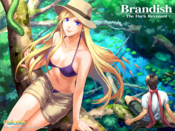 Rule 34 | 1boy, 1girl, alternate costume, arm support, artist request, bikini, bikini under clothes, black hair, blonde hair, blue bra, blue eyes, blue panties, bra, brandish, brandish (video game), breasts, casual, character request, cleavage, collarbone, company name, copyright name, dela delon, falcom, fish, forest, hat, highres, lily pad, lipstick, long hair, looking at viewer, makeup, medium breasts, nail polish, nature, official art, open fly, outdoors, panties, pantyshot, pink lips, short hair, shorts, sitting, smile, snake, witch, swimsuit, unbuttoned, underwear, unzipped, water