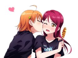 Rule 34 | 2girls, ahoge, arm around shoulder, black shirt, blush, closed eyes, clothes writing, clover hair ornament, copyright name, corn dog, food, food on face, hair ornament, hairclip, half updo, hand on another&#039;s shoulder, heart, highres, holding, holding food, kougi hiroshi, licking, licking another&#039;s face, long hair, love live!, love live! sunshine!!, multiple girls, one eye closed, open mouth, sakurauchi riko, shirt, short hair, short sleeves, simple background, t-shirt, takami chika, upper body, wavy mouth, white background, yellow eyes, yuri