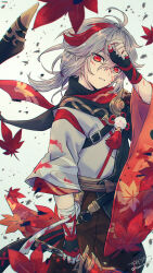 Rule 34 | 1boy, absurdres, autumn leaves, black gloves, blood, blood on face, blood on hands, brown hakama, buckle, fingerless gloves, genshin impact, gloves, grey background, grey hair, hair between eyes, hakama, haori, highres, japanese clothes, kaedehara kazuha, kimono, leaf, long hair, long sleeves, looking at viewer, low ponytail, male focus, maple leaf, multicolored hair, red eyes, red hair, scarf, signature, solo, sumi noth, two-tone hair, white kimono, wide sleeves
