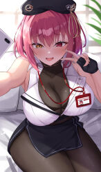 1girl absurdres bare_shoulders beret black_bra black_gloves black_hat black_leotard black_pantyhose black_skirt blurry blurry_background blush bra bra_visible_through_clothes breasts cellphone cleavage couch covered_collarbone fang fingerless_gloves gloves hat heterochromia highres hololive houshou_marine houshou_marine_(businesswoman) huge_breasts id_card kuon_(kuon) lanyard leotard leotard_under_clothes looking_at_viewer medium_hair official_alternate_costume official_alternate_hair_length official_alternate_hairstyle on_couch open_mouth pantyhose phone plant red_eyes red_hair shirt sitting skirt sleeveless sleeveless_shirt smartphone smile solo underwear v virtual_youtuber white_shirt yellow_eyes